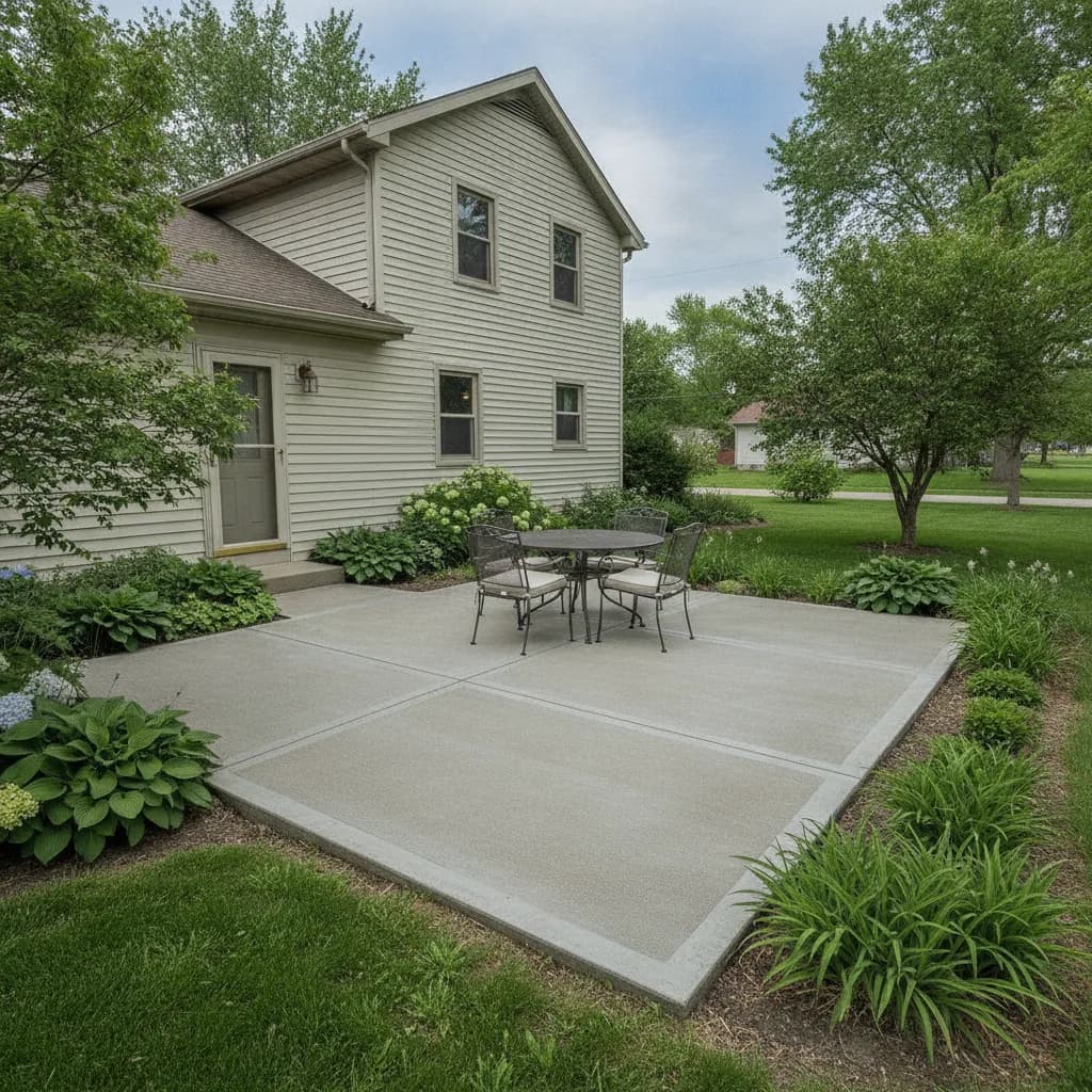 Broom-finished concrete patio beside a Joliet home with clear drainage away from the foundation.