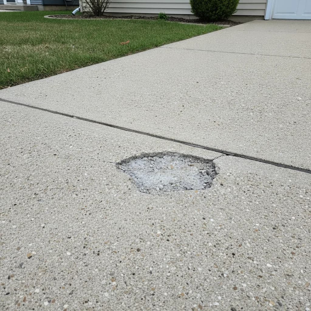 Close view of a concrete joint and small spalled area prepared for repair in Joliet.