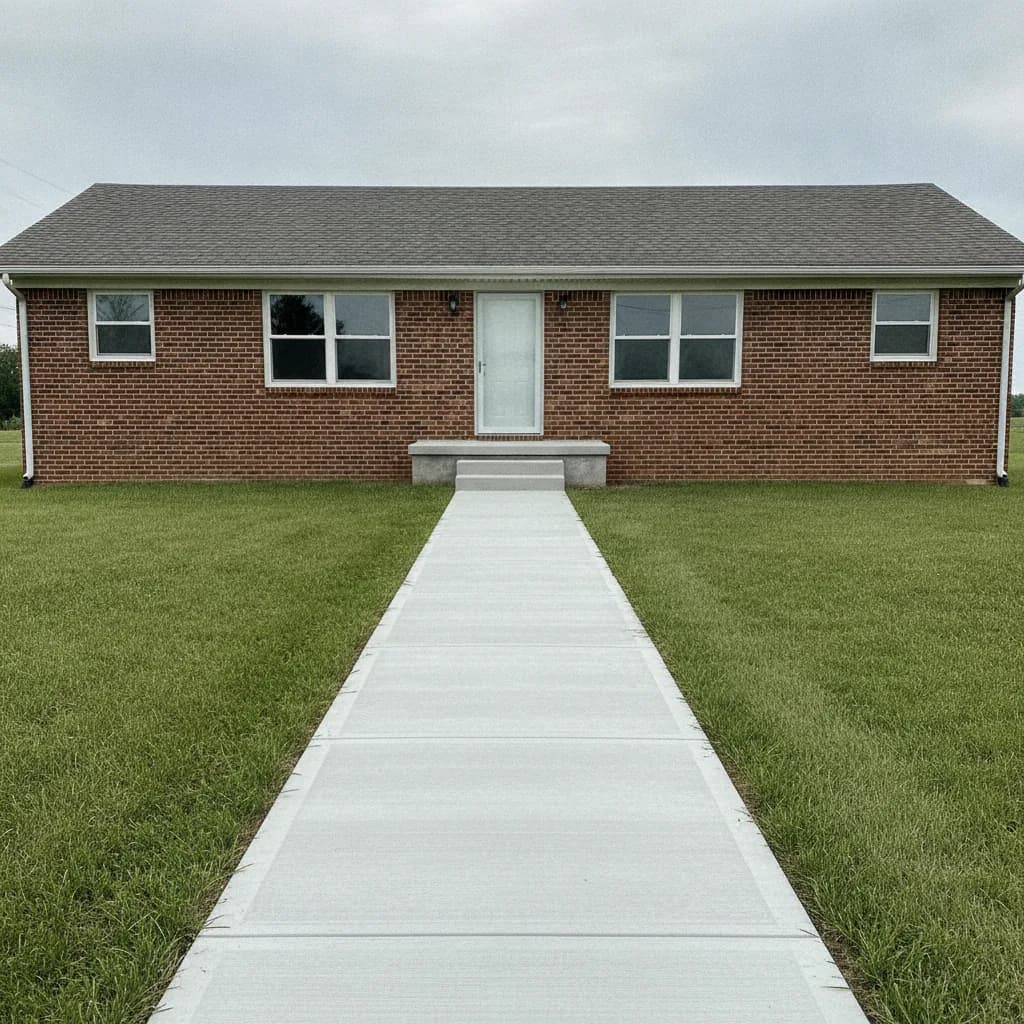 Broom-finished concrete walkway leading to a Joliet home entry with even joints and clear edges.
