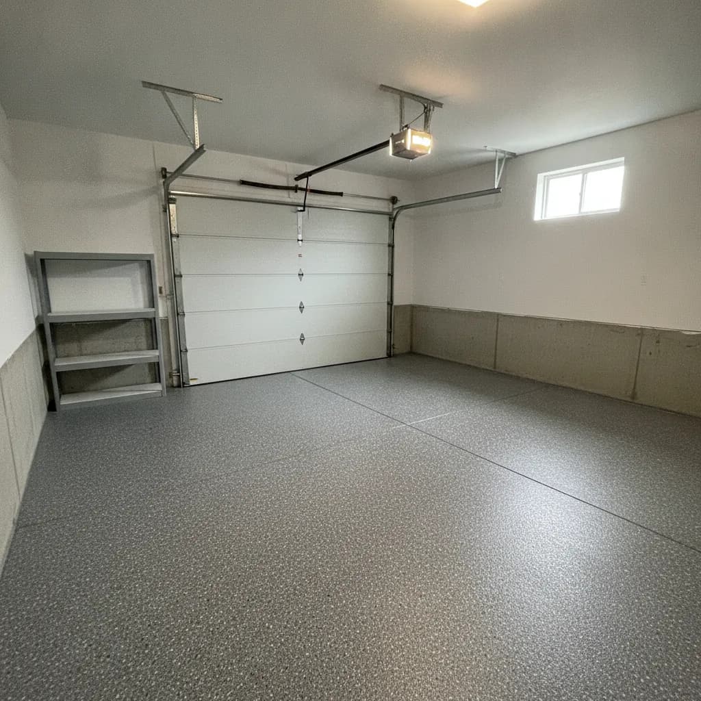Finished flake garage floor coating in a Joliet residential garage with clear vehicle space.