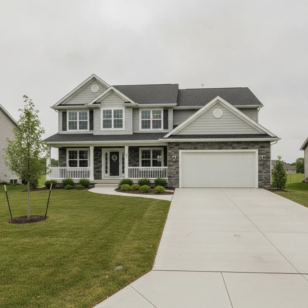 Residential concrete driveway and front walkway in New Lenox, Illinois.