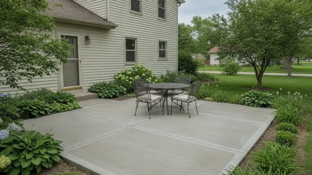 Broom-finished concrete patio beside a Joliet home with clear drainage away from the foundation.