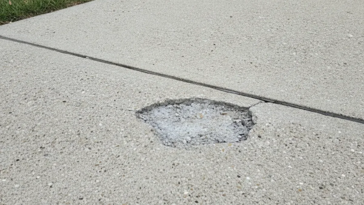 Close view of a concrete joint and small spalled area prepared for repair in Joliet.