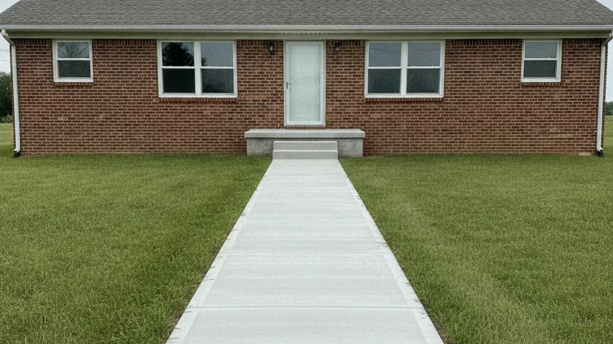 Broom-finished concrete walkway leading to a Joliet home entry with even joints and clear edges.