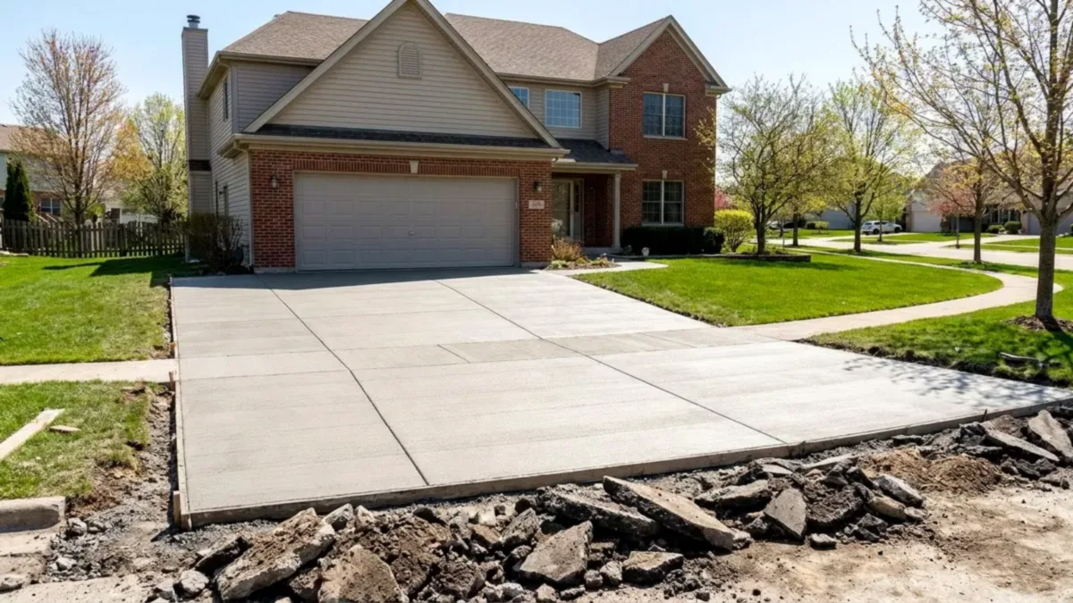 New concrete driveway replacement in Joliet Illinois Will County suburban home attached garage freeze-thaw Tony