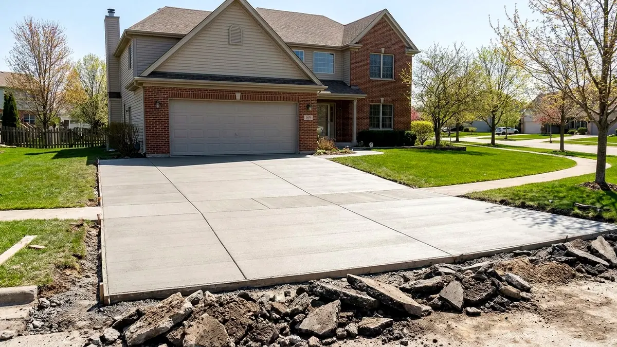 New concrete driveway replacement in Joliet Illinois Will County suburban home attached garage freeze-thaw Tony