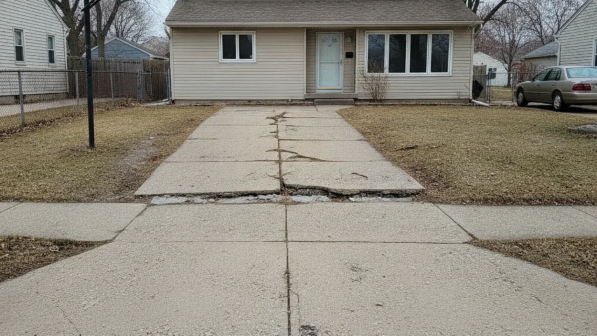 Cracked heaved concrete driveway Joliet Illinois Will County freeze-thaw damage before replacement