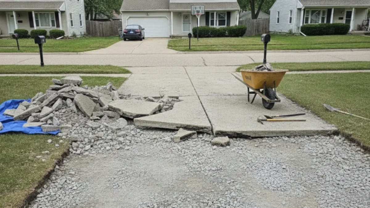 Concrete driveway demolition base preparation Joliet Illinois Will County replacement process Tony