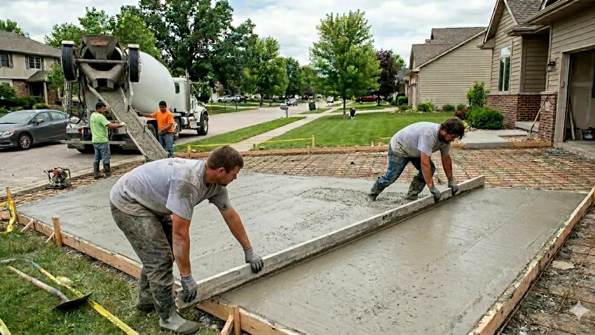 New concrete driveway installation in Joliet Illinois Will County freeze-thaw air-entrained mix subdivision Tony pour