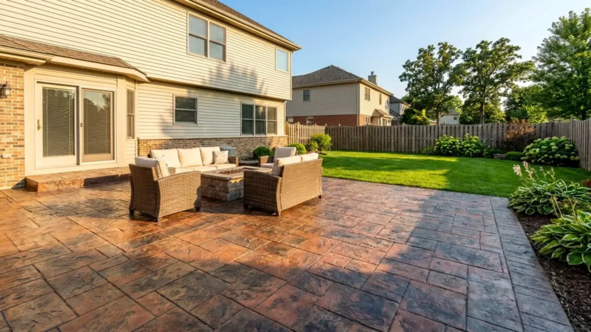 Stamped concrete patio in Joliet Illinois Will County residential backyard cobblestone ashlar pattern sealed Tony