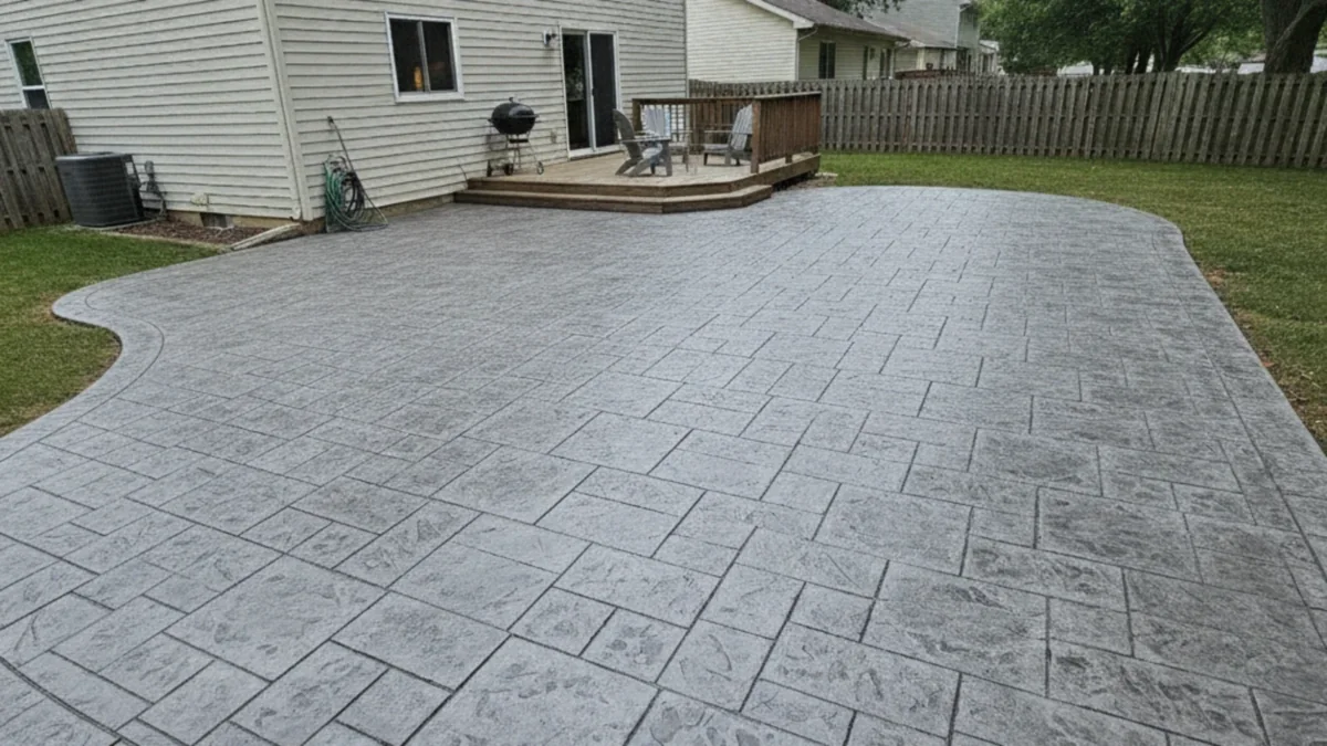 Stamped concrete patio ashlar slate pattern Joliet Illinois Will County residential backyard Tony