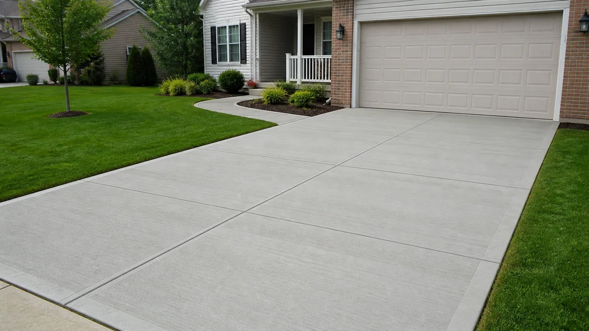 Illustrative view of a finished residential concrete driveway and walkway for Romeoville, Illinois service-area planning.