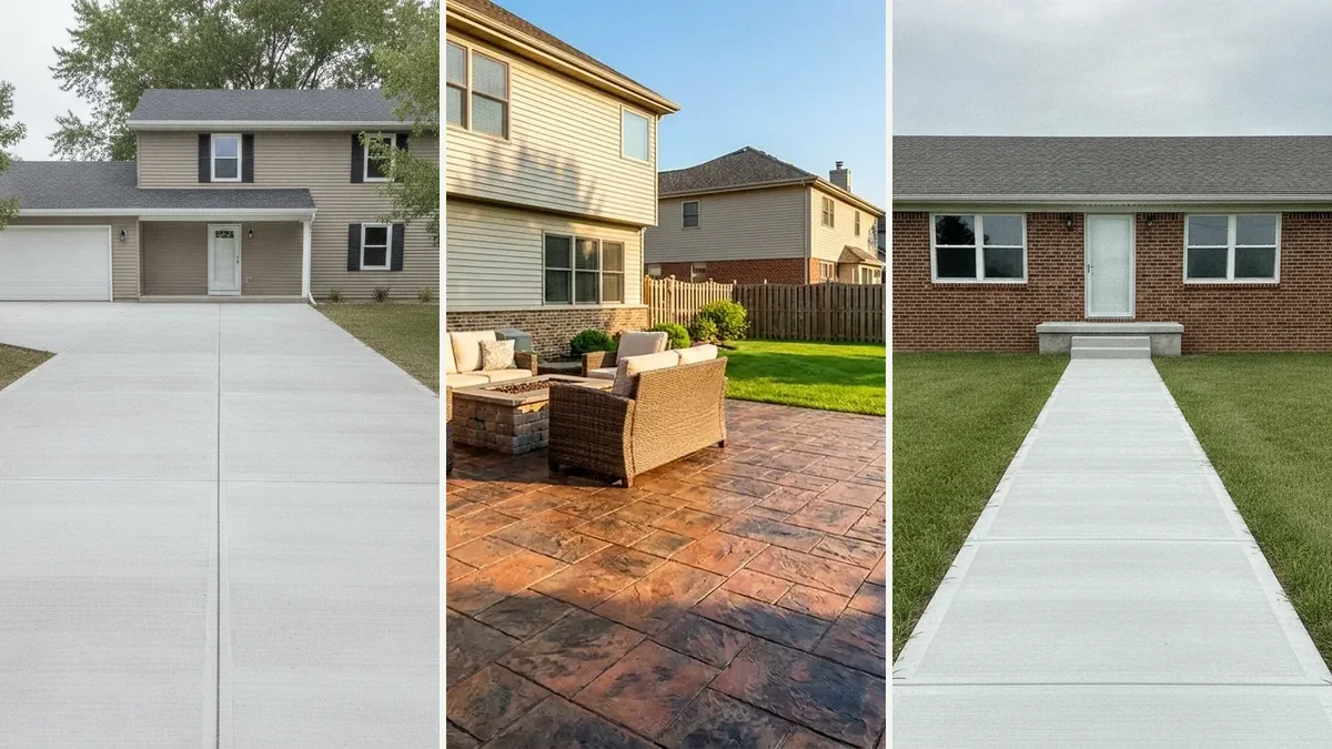 Residential driveway, stamped patio, and concrete walkway examples for Will County, Illinois.